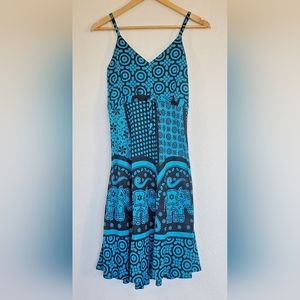 Blue Navy Nepalese 100% Cotton Elephant Blockprint Boho Summer Sundress Size S/M